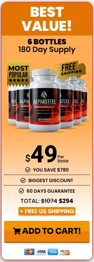 AlphaSteel 6 bottle best value package – 180-day supply at $49/bottle with free shipping and 5 bonuses