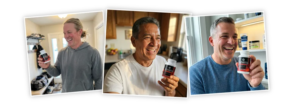 AlphaSteel customer reviews compilation showing 4.9 star average rating from thousands of verified male vitality supplement users